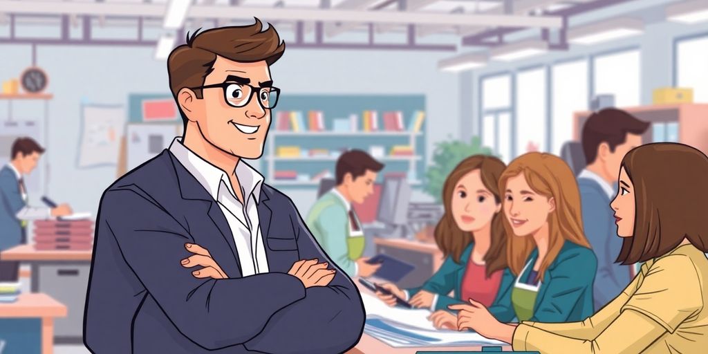 Shift supervisor leading team in a busy workplace environment.