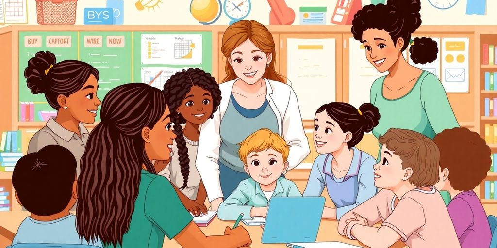 Diverse teacher's assistants helping students in a classroom.