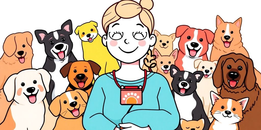 Illustration of a cheerful pet sitter with animals.