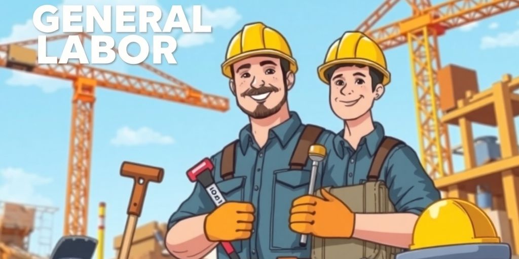 Laborer with tools at a construction site illustration.