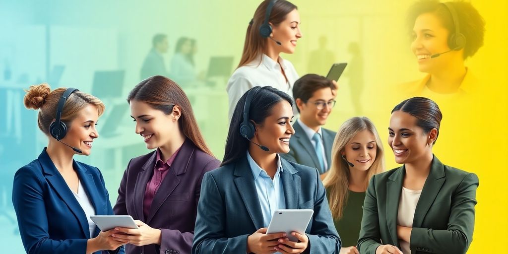 Diverse customer service agents interacting with clients in settings.