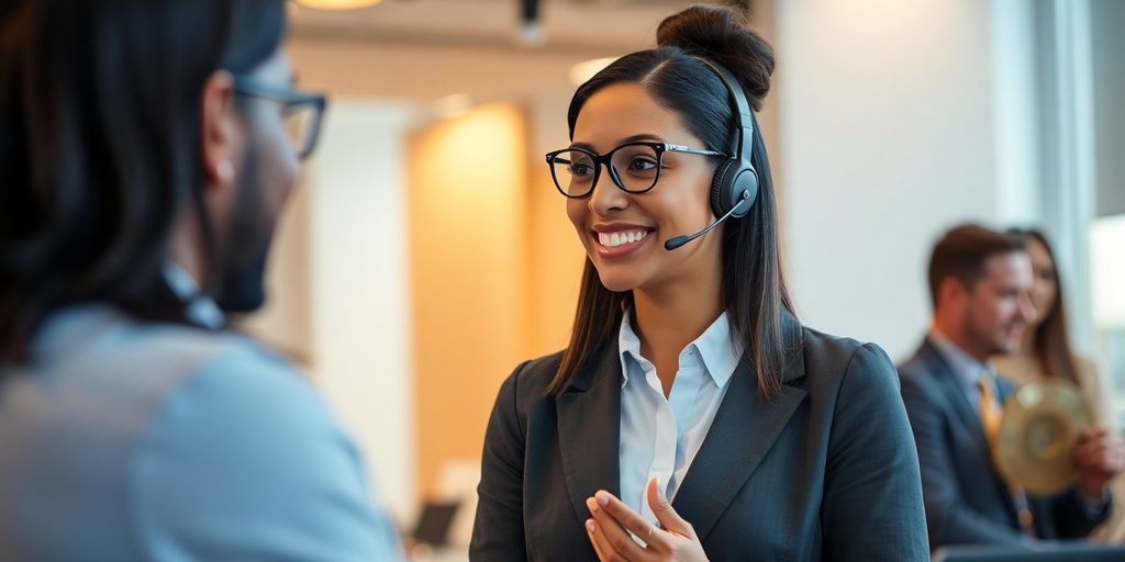 Customer service associate assisting a client in an office.