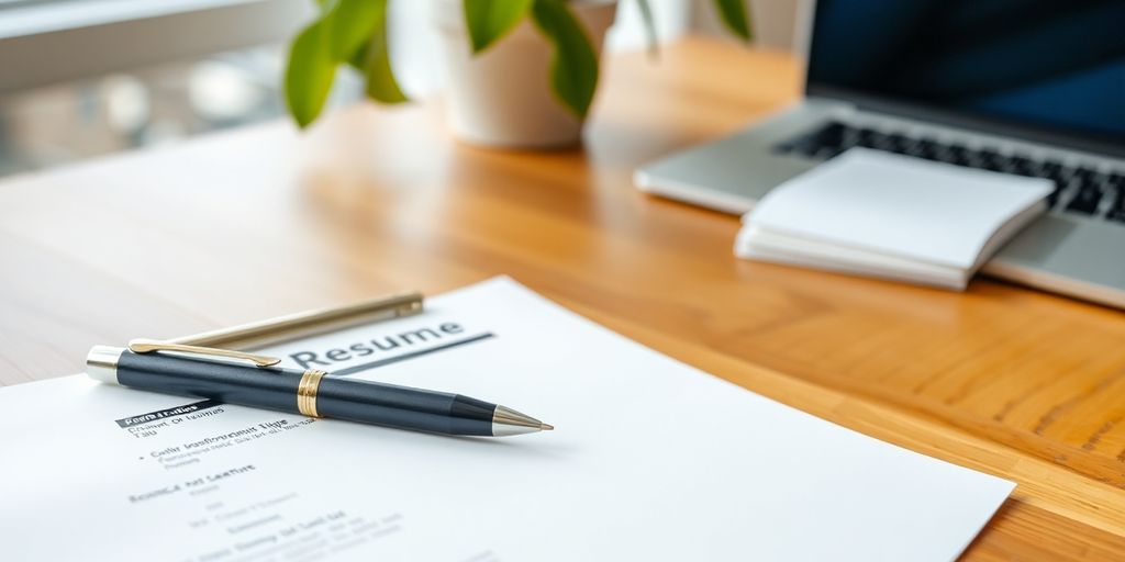 Professional resume on desk with pen and plant.
