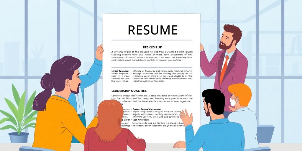 Illustration of a resume with team members collaborating.