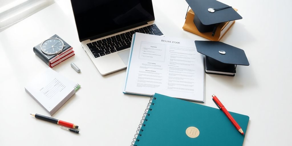 Organized workspace with laptop and educational materials.