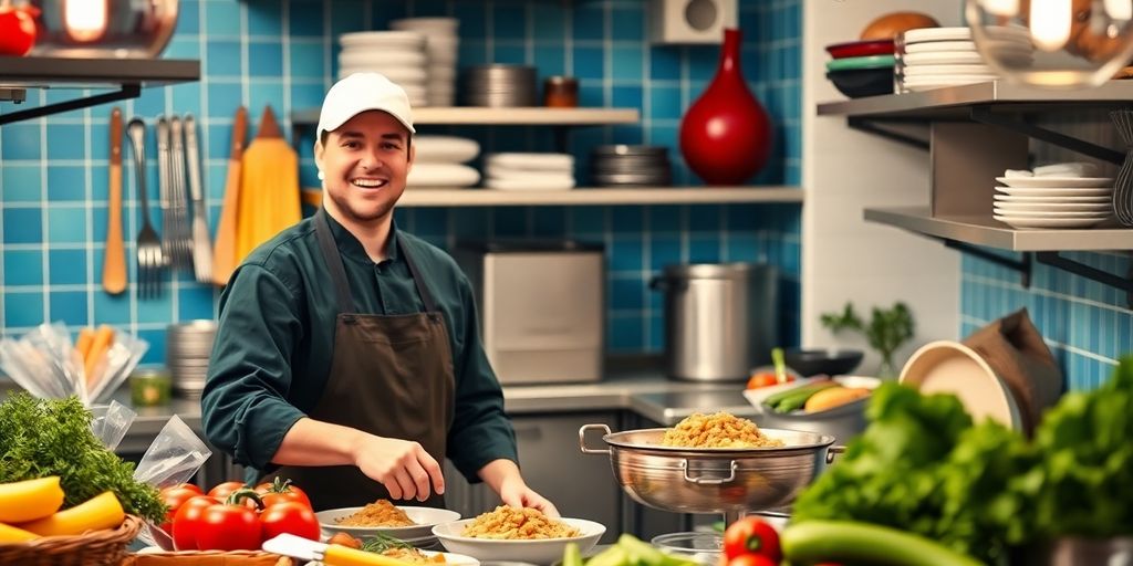 Food service worker in a bright kitchen setting.