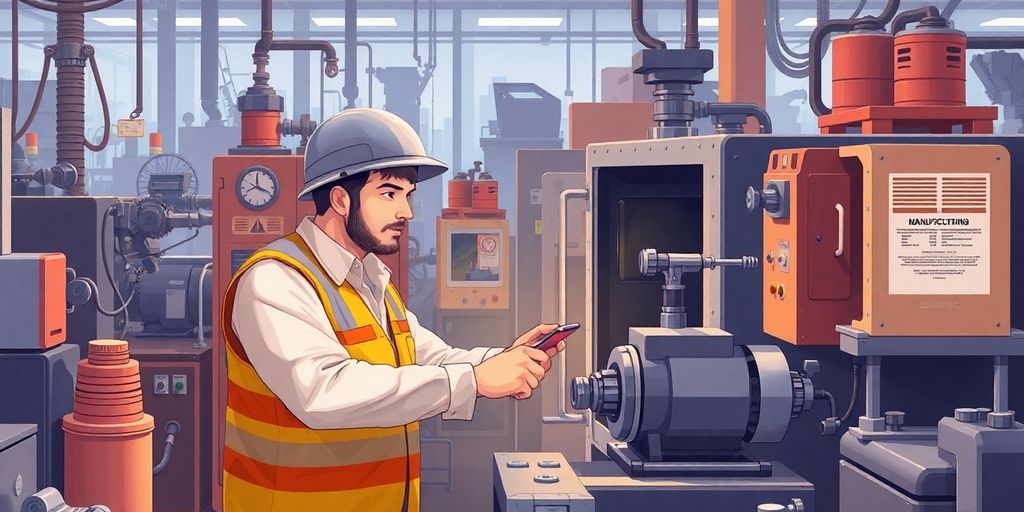 Machine operator working with industrial equipment in a factory.